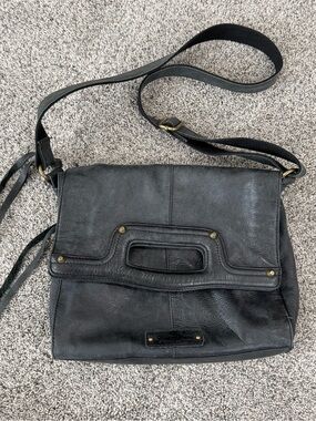 Lucky Brand Black Leather Crossbody Bag Foldover Boho Studded Pockets Zip Magnet